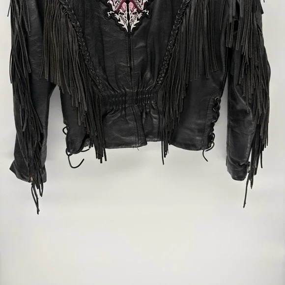 Vintage Western Genuine Leather Jacket Harley Davidson Patch Fringe Lace Women M - Picture 14 of 15